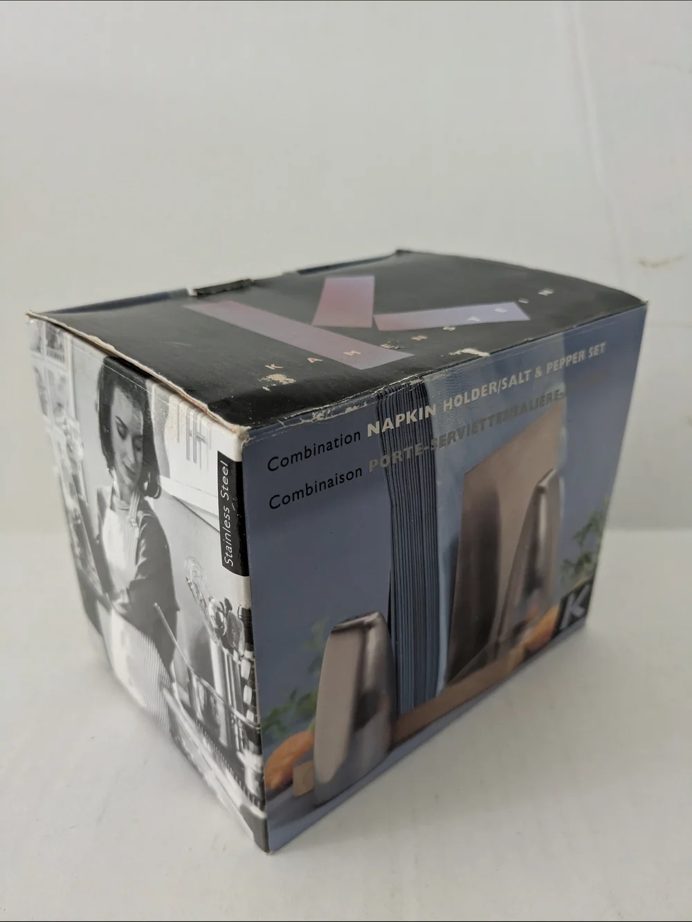 Modern Stainless Steel and Wood Salt & Pepper Set. New In Box